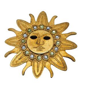 Newpro Vintage Brushed Gold Tone Sun Face Brooch With Rhinestones